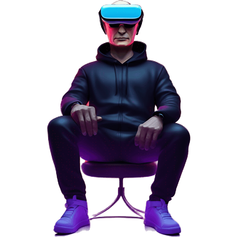 Vladimir Putin wearing a black hoodie with "OMG" letters on it and VR headset oculus quest 2 in a cyberpunk VR environment with violet neon lighting. emoji