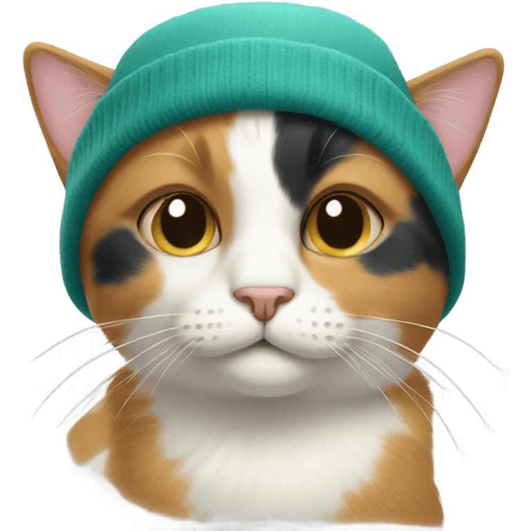 Calico cat with a teal beanie emoji