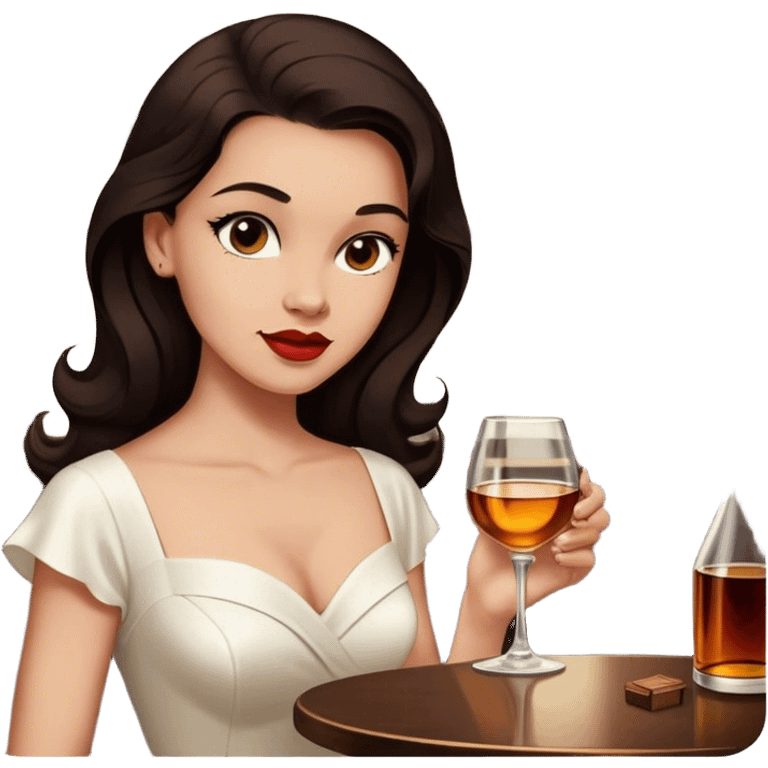 Beautiful woman in 1950’s woman fashion look, white dress, long dark brown hair, whisky emoji