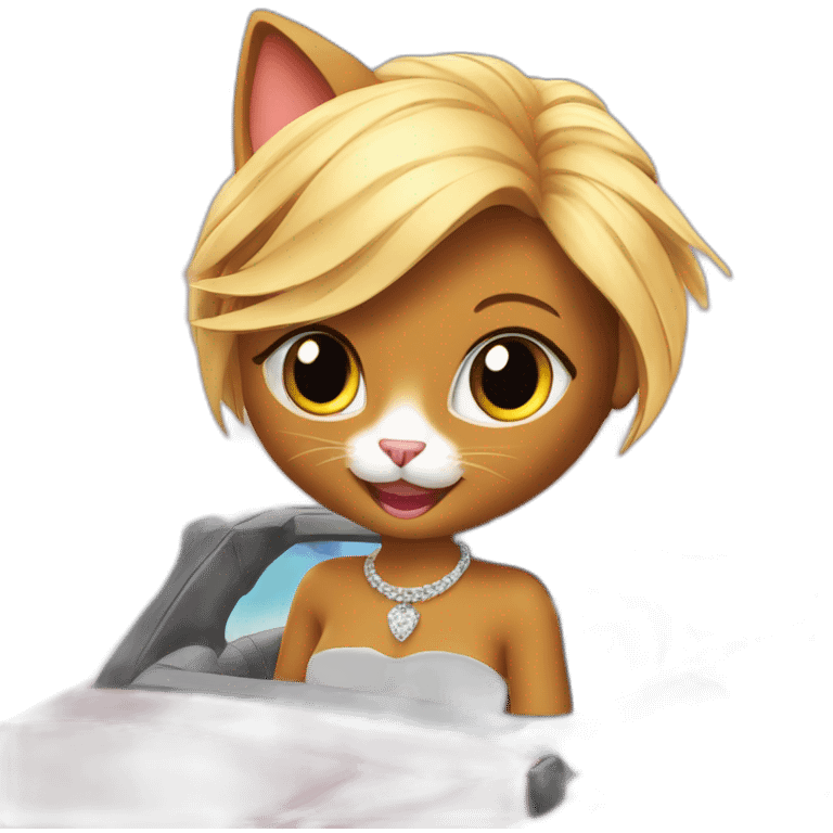 A glamorous cat is riding a convertible car on the beach emoji