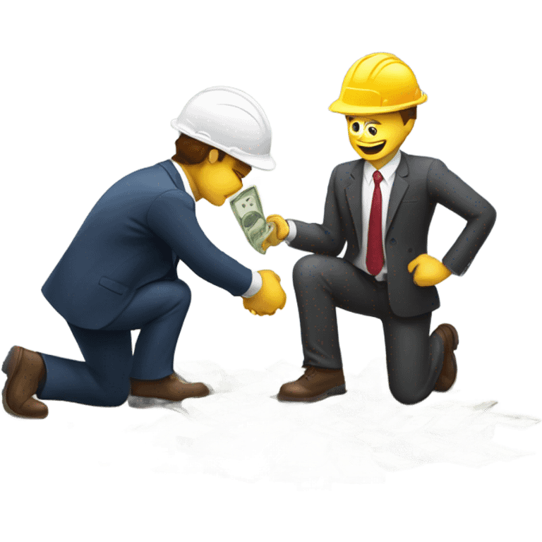 A guy in a suit receiving money from a guy on the ground, but the guy on the ground is a construction worker, the guy with the suit does not have a hat emoji