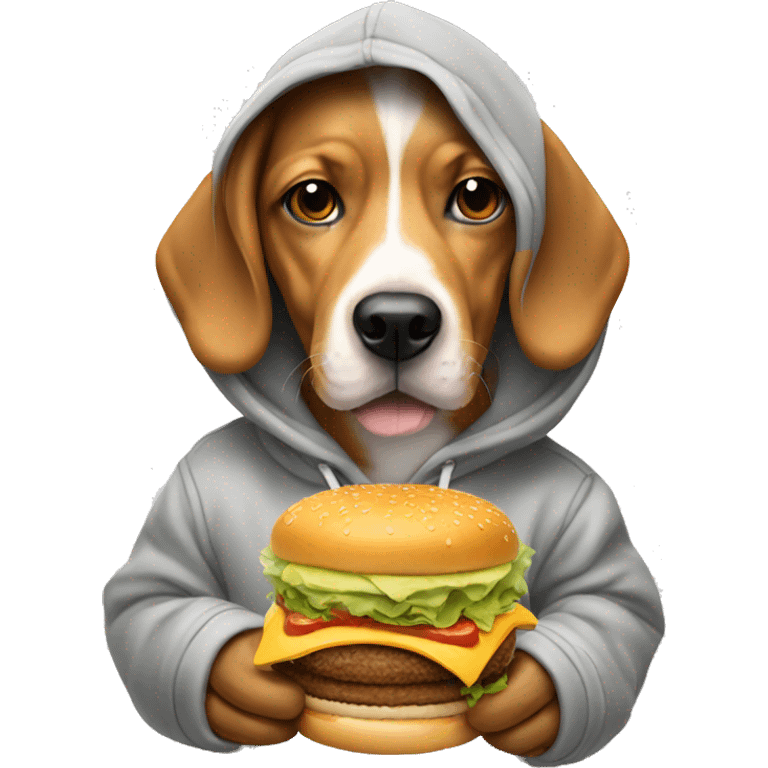 Dog in hoodie eating burger emoji