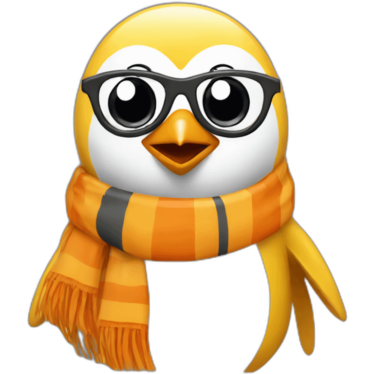 yellow penguin with black glasses blonde hair with orange tshirt and gray striped scarf emoji