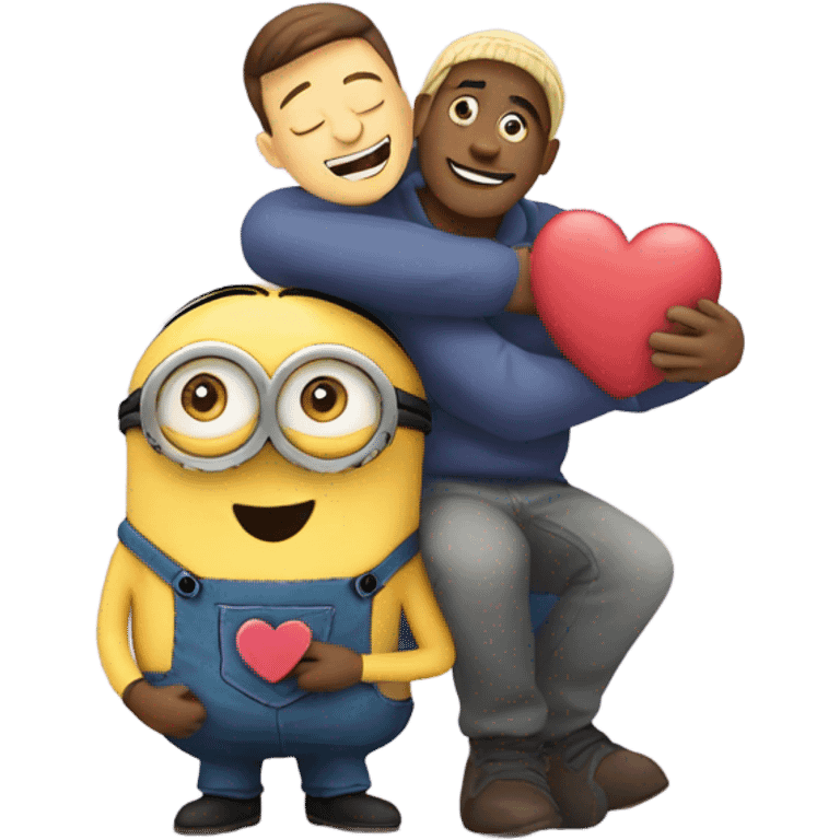 men hugging a minion with hearts around them  emoji