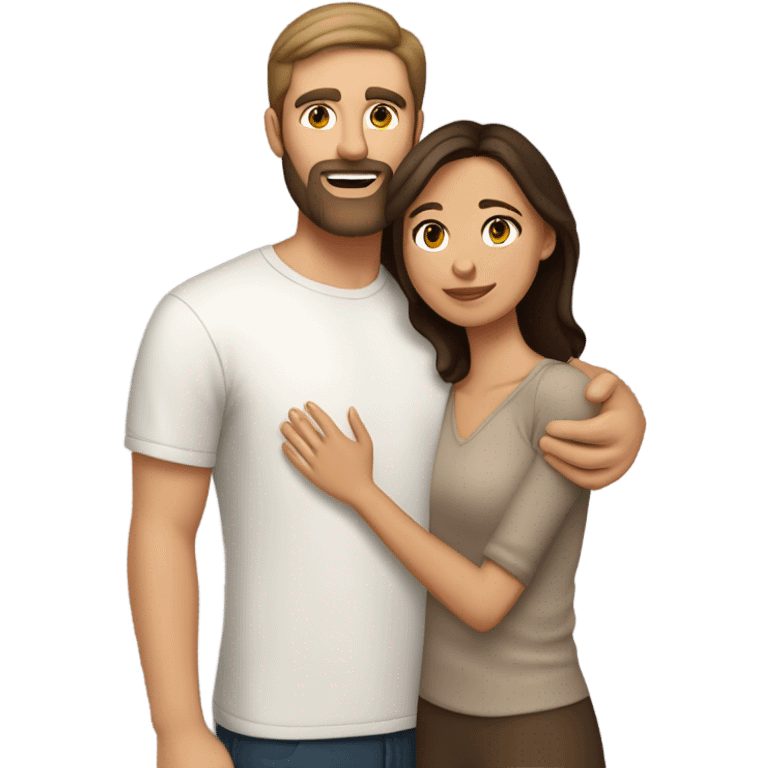 Dark brown haired white man with brown beard hugging beautiful woman with medium tan skin and short shoulder length dark brown hair  emoji