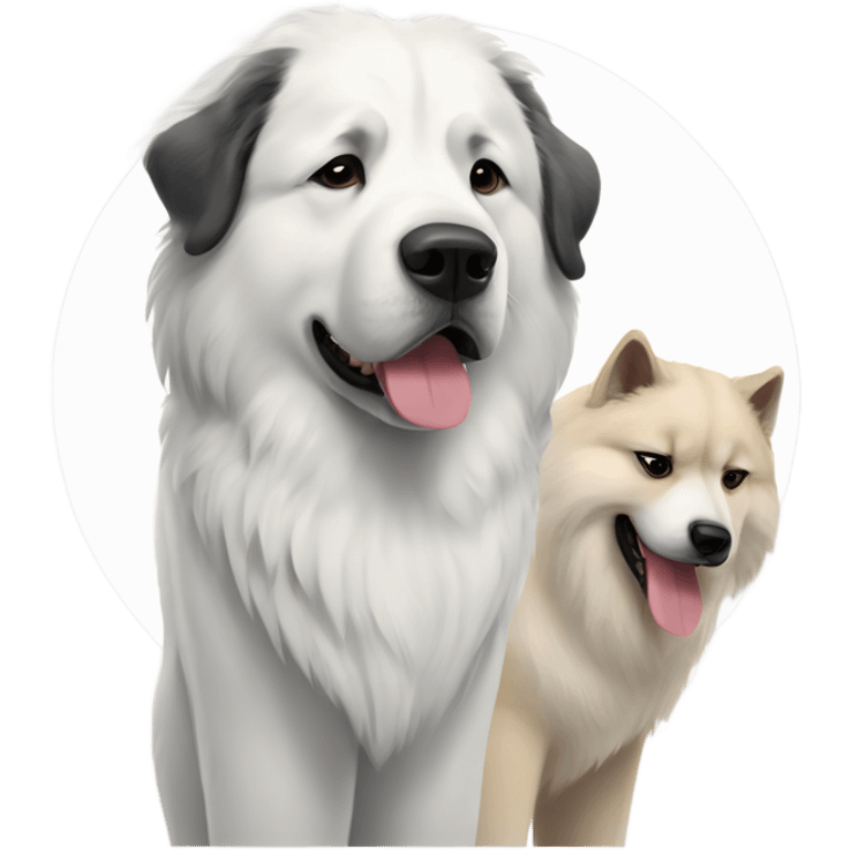 Great Pyrenees and big dark Akita standing next to each other emoji