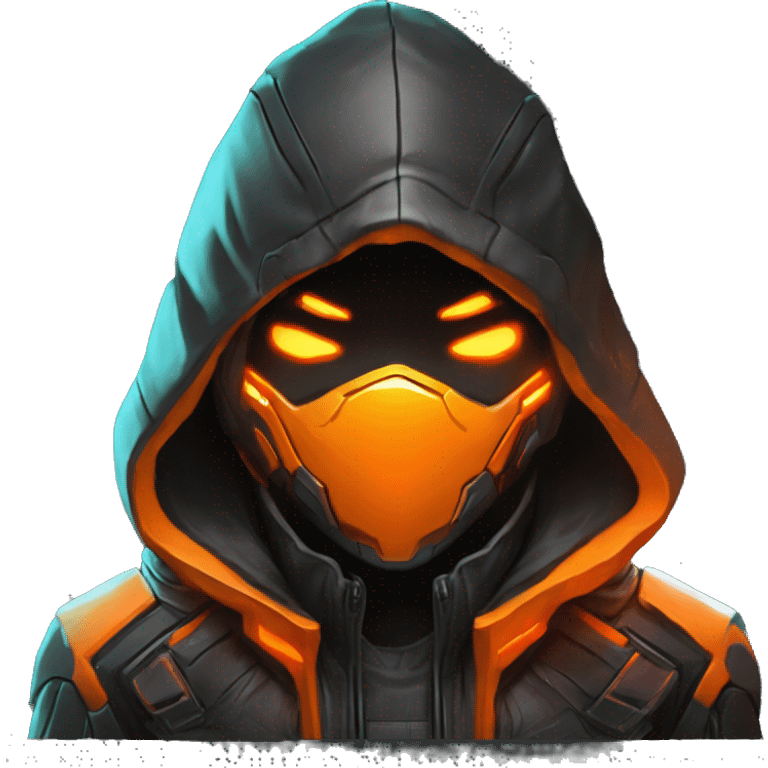  developer behind his laptop with this style : crysis Cyberpunk Valorant orange glowing bright orange character orange black hooded assassin themed character emoji