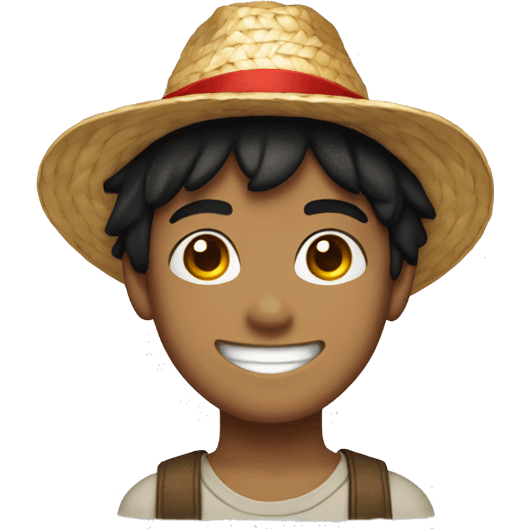 black haired, light skinned smiling, boy wearing a straw hat and a red siglet emoji