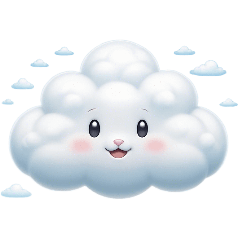 Cinematic tiny puffy bunny-shaped cloud, floating gently in the sky, soft glowing light, tiny rounded ears, smiling face, dreamy and magical. emoji