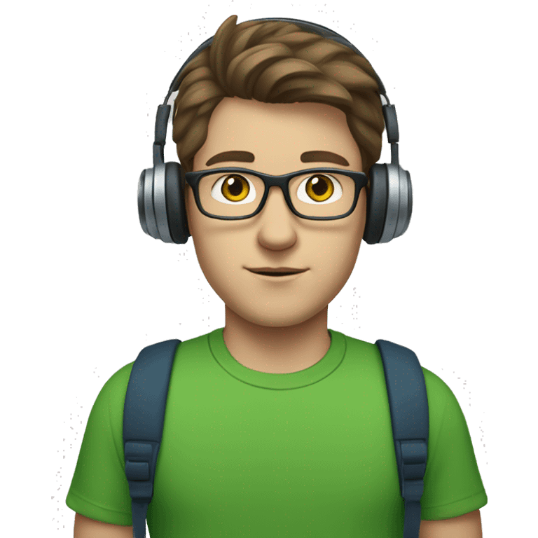 white young man with medium brown hair and square glasses and blue eyes wearing green t-shirt with laptop and headphones emoji