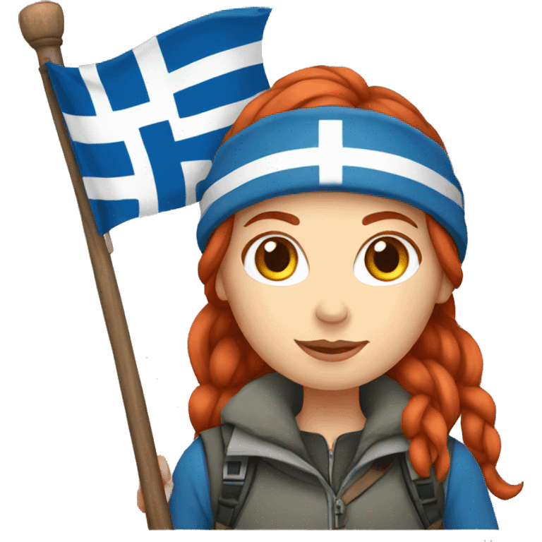 female winter mountaineer red hair holding greek flag emoji