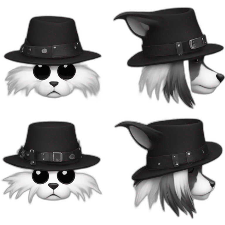 Hyène anthro contente avec un chapeau noir avec un smiley triste blanc et un casque punk noir avec des pointes sur le côté  emoji