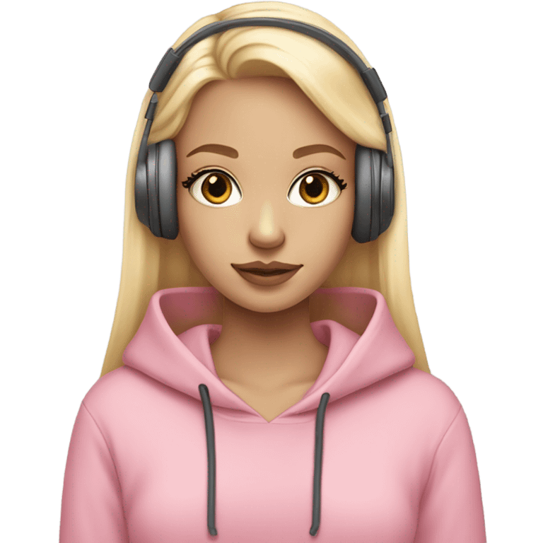 blonde girl with light and subtle pink makeup, long eyelashes, a bow in her hair, a pink hoodie, with wired headphones emoji