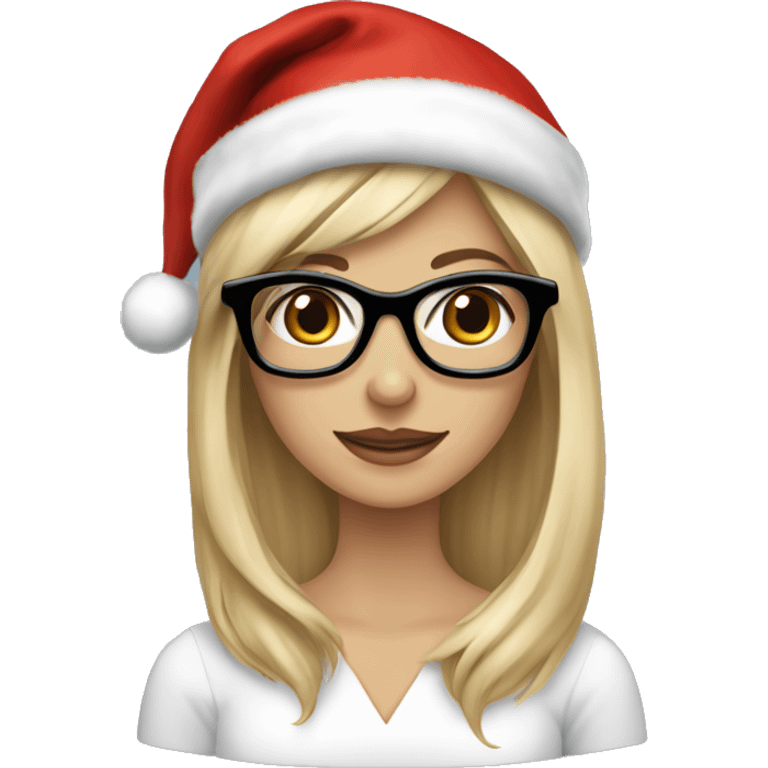 Beautiful white woman, long blonde hair and black glasses wearing a red santa hat holding Yorkshire terrier emoji