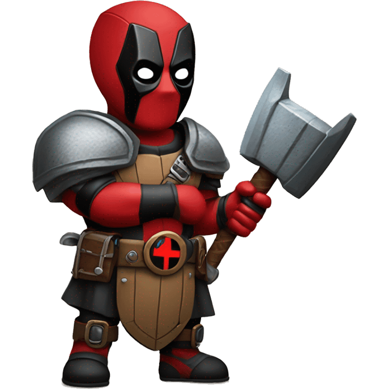 Deadpool holding Viking shield and thors hammer emoji