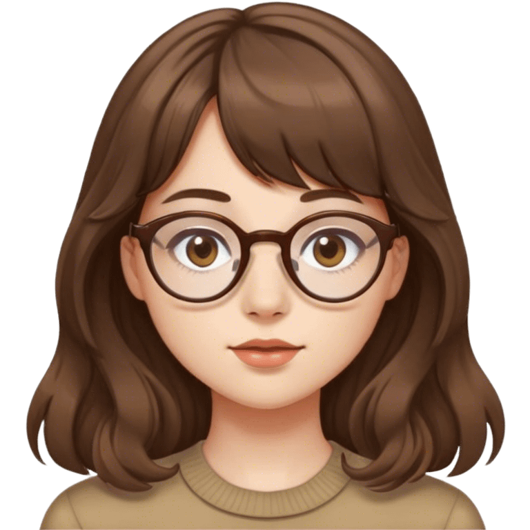 A girl with fair skin, single eyelids, a small nose, a small mouth, thin-framed glasses, bangs,long  brown wavy hair emoji