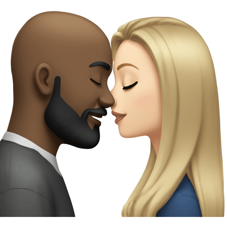 White girl brunette kissing black bald man with beard emoji