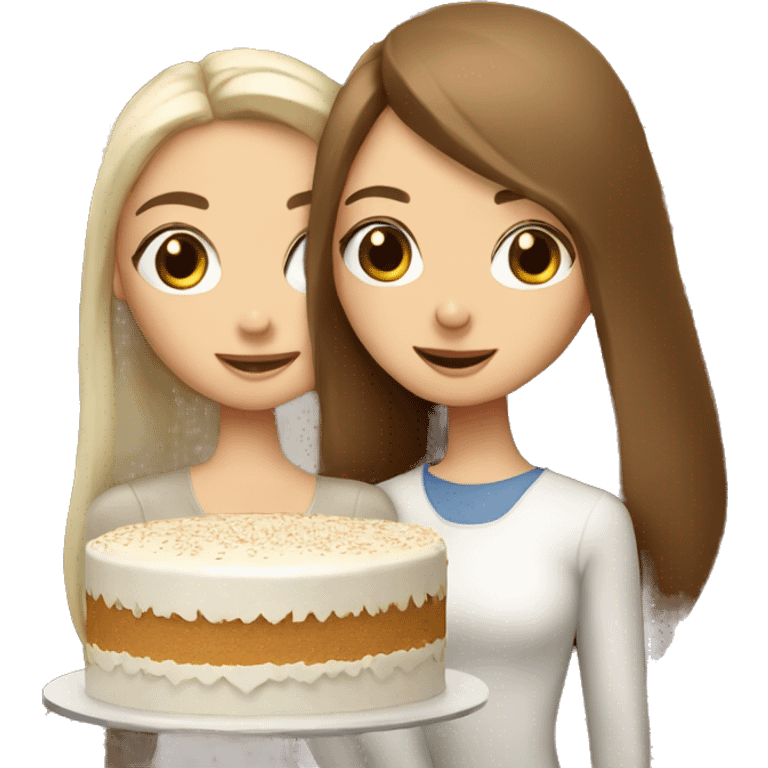 Russian girl with long hair and Russian girl with brown straight hair together holding big white cake emoji