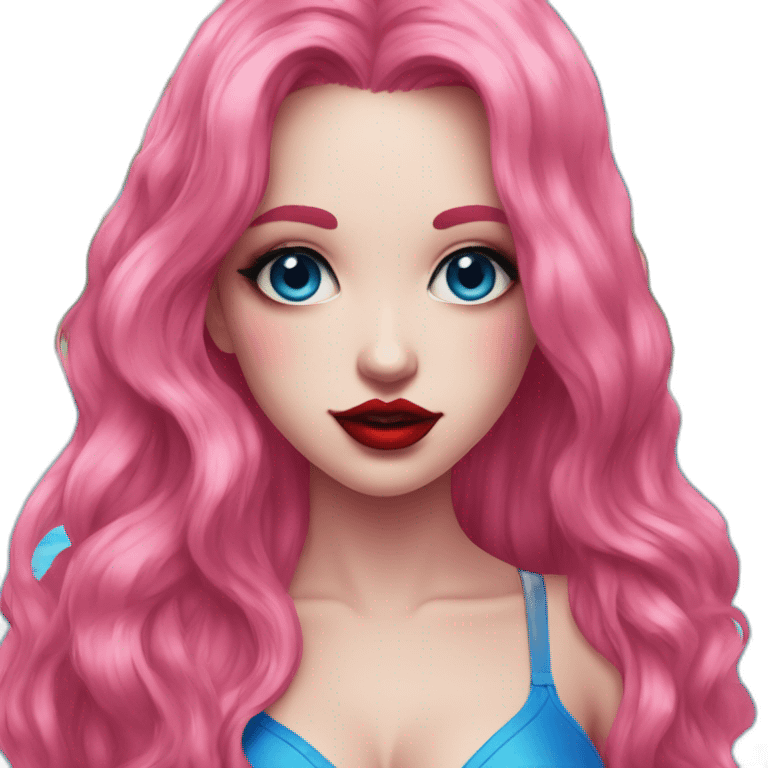 In front of swimming pools Robot young woman with this style : gothic Pin-Up pink eyes red mouth blue and long hair emoji