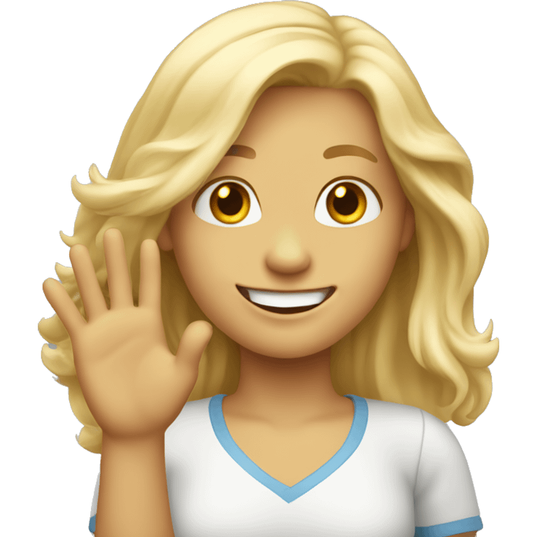 blonde longhair girl waving her hand and smiling with teeth emoji