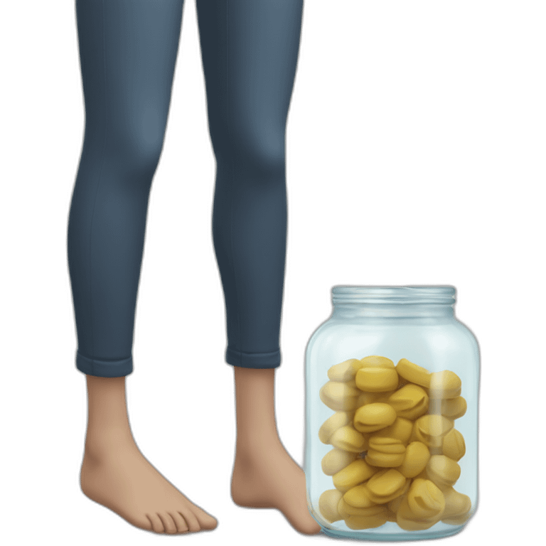 human ankles standing on the floor with an empty transparent jar between them,outside,to the left and to the right,front view emoji