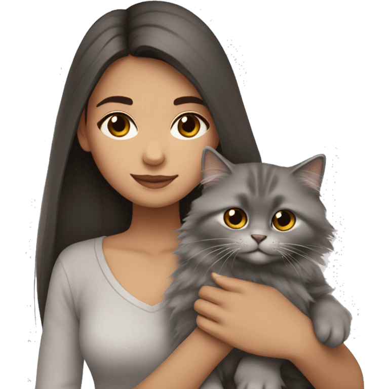 Dark brown straight hair girl with holding fluffy Siberian gray cat  emoji