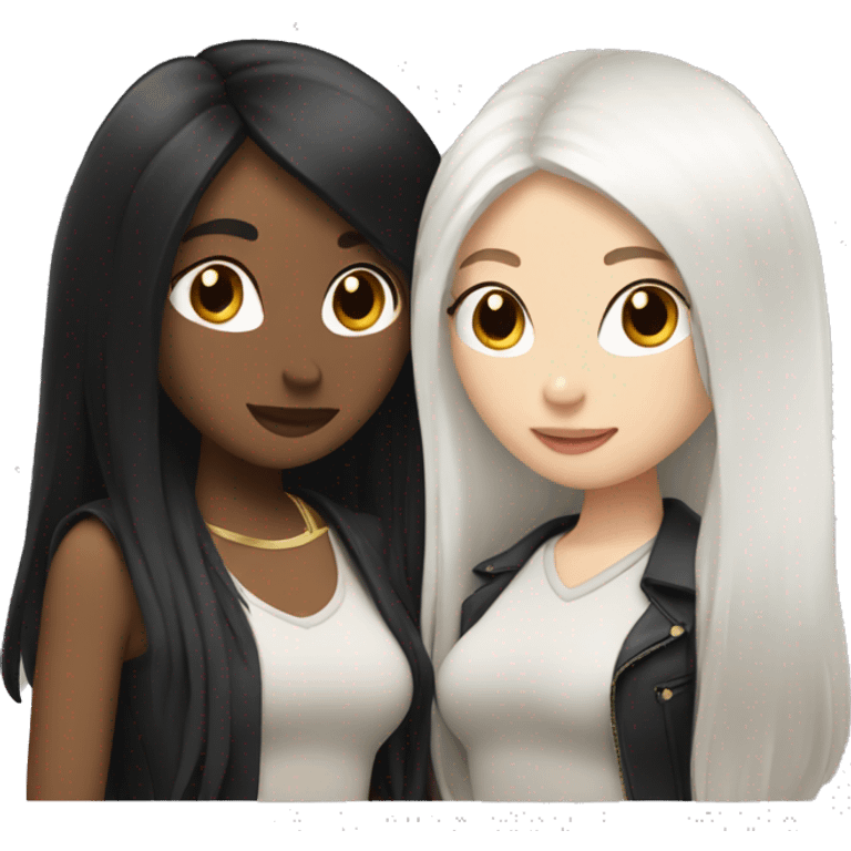 A lesbian couple with white skin and long black hair flirting emoji