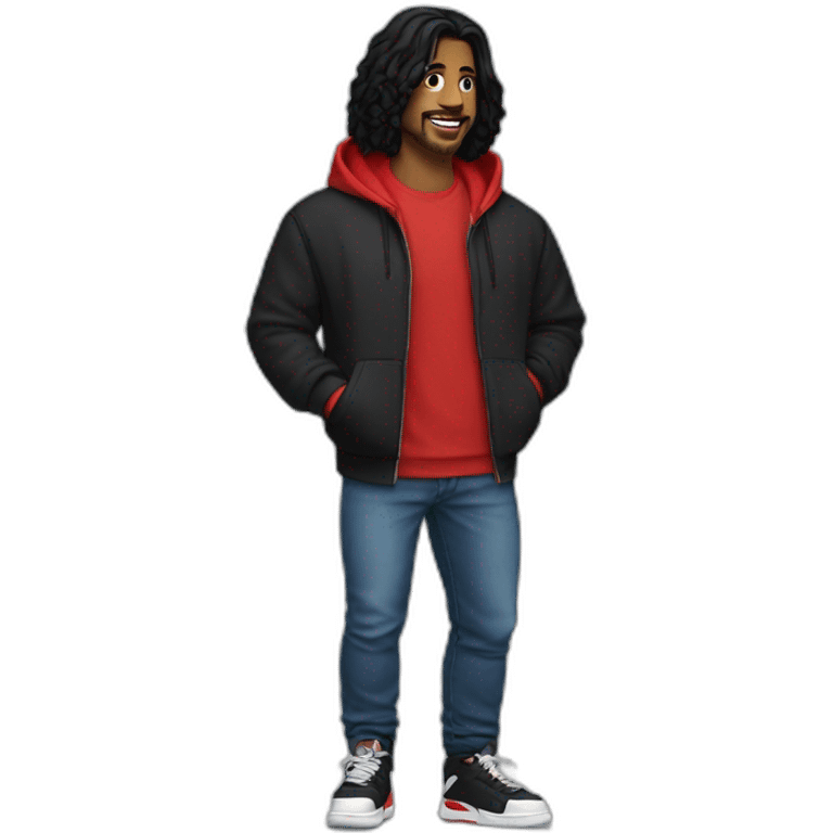 male adult, Long black hair, Black hoodie, Blue Jeans, Red Air Jordans emoji