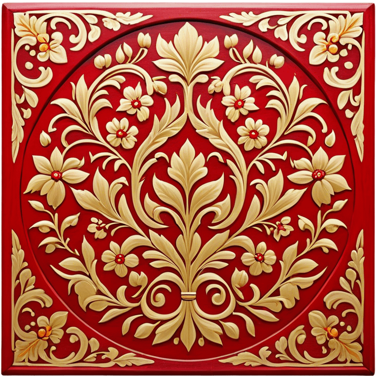 Wood painting icon, intricate traditional Russian Palekh or Khokhloma patterns painted on wooden surface, vivid red, gold, and black colors, visible paintbrush with fine details, no finished artwork, just the process of painting, minimalistic style, clean lines, transparent background. emoji