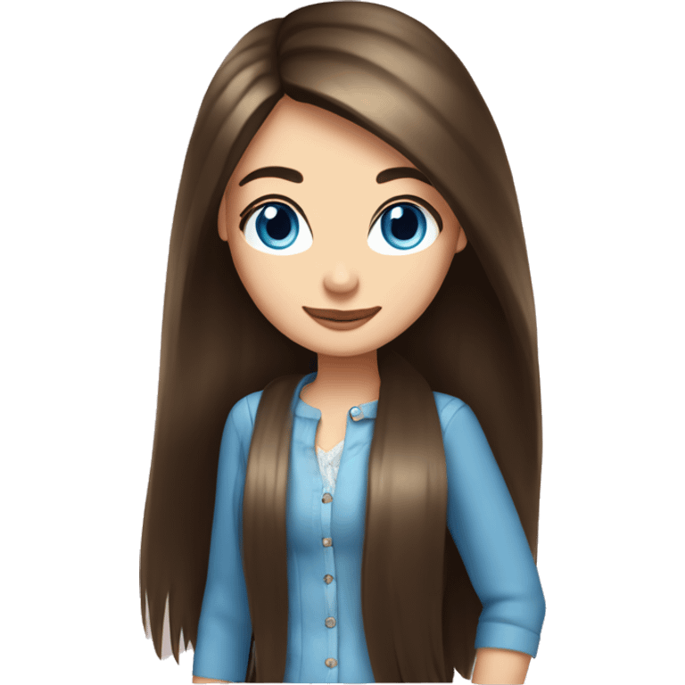 Long waist length brunette straight hair girl, blue eyes,  emoji