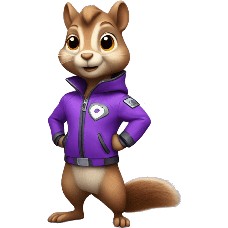 cute cartoon squirrel, wearing a purple super hero jacket with G emoji