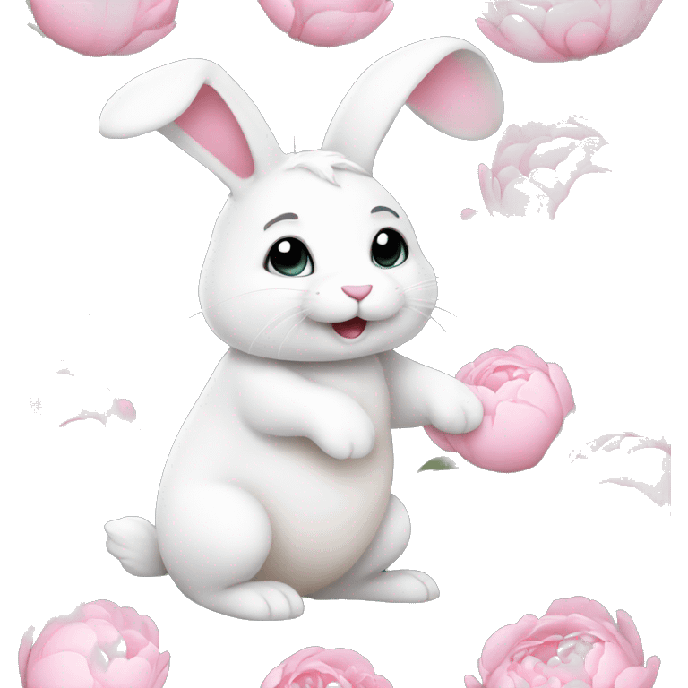 cute white bunny holding light pink peonies emoji