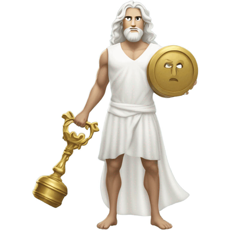 white man Poseidon lift gold weight . long white hair white dress. emoji