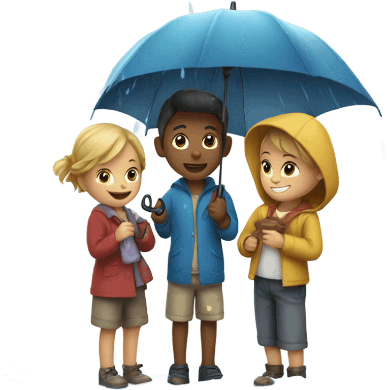 3 kids with a umbrella playing with a paper ship in the rain emoji