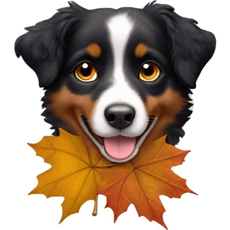 Small black australian shepherd dog wearing autumn emoji