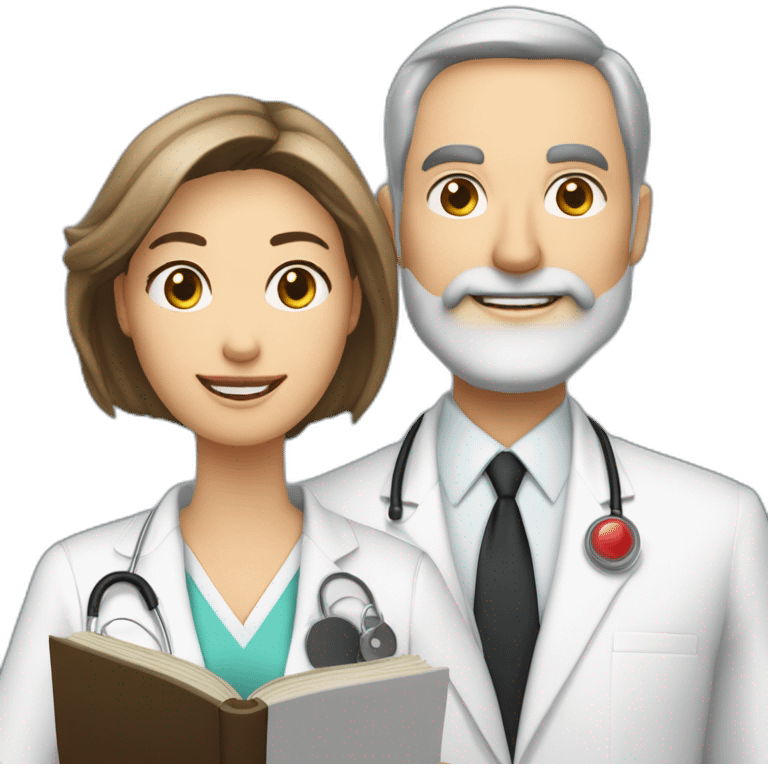 husband caucasian age 55 trimmed beard wearing dark business suit holding bible together, wife asian age 55 wearing nurse uniform, no children emoji