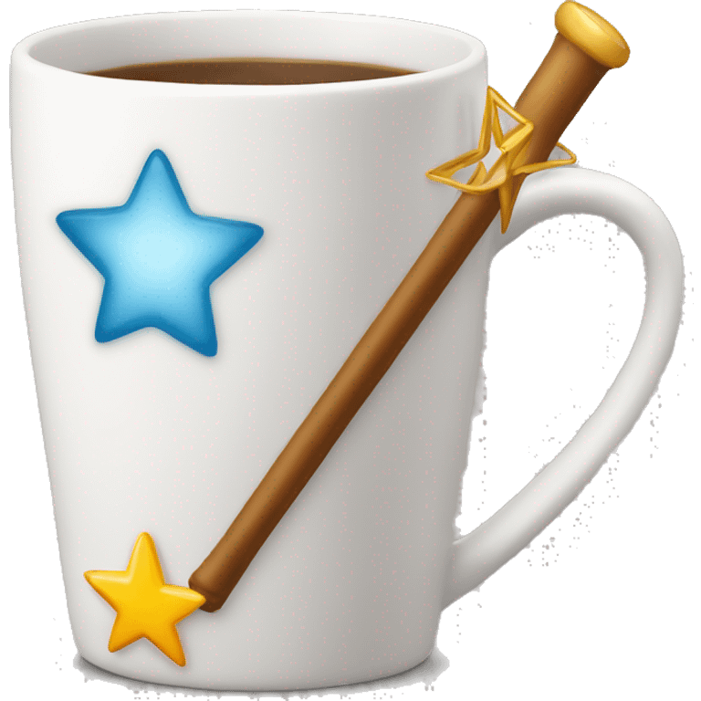 A MUG with a magic wand with a star at the point of the wand  emoji