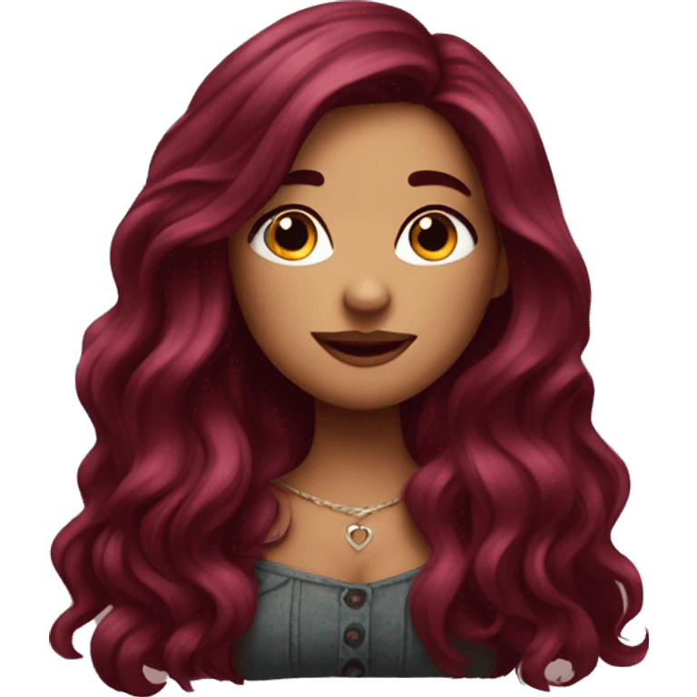 Beautiful tattooed  burgundy long haired woman blushing in love emoji