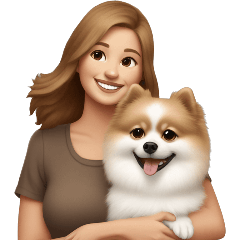 White and beige Pomeranian in the hands of a white young woman with brown hair smiling and cuddling the dog  emoji