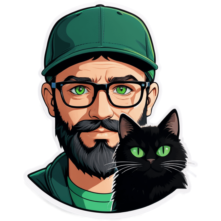 A bold man with a grey baseball cap, green eyes, big beard and glasses holding a black cat emoji