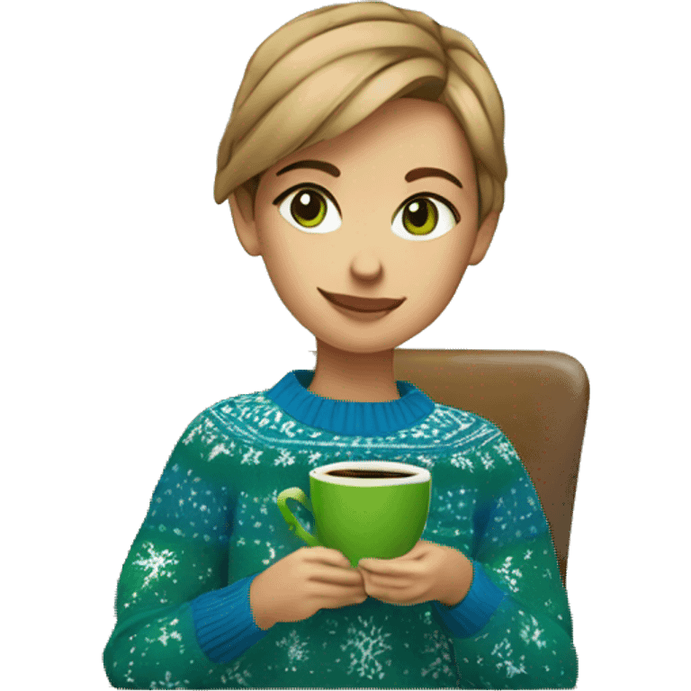 Light brown short haired girl with green eyes drinking coffee wearing blue Christmas sweater emoji