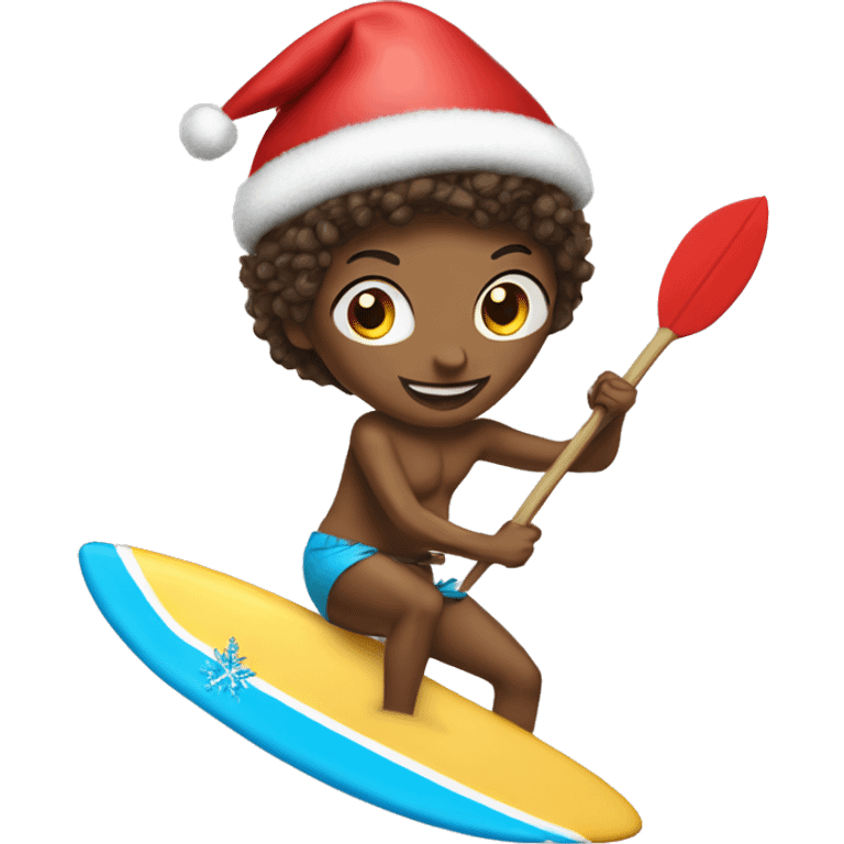 A tres riding a surfboard with a tutu and a Christmas hat emoji