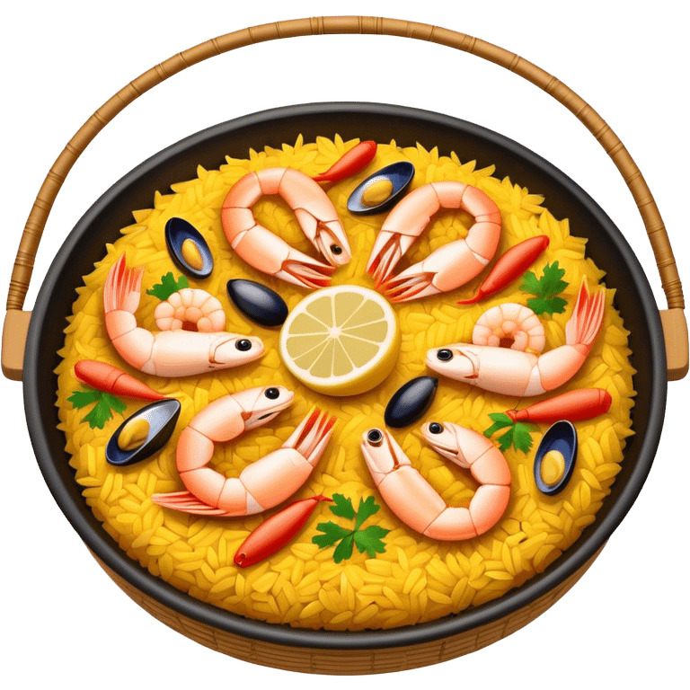 Cinematic Realistic Paella Dish Emoji, depicted as a vibrant, aromatic rice dish loaded with seafood, chicken, and saffron rendered with rich textures and dynamic, warm lighting. emoji