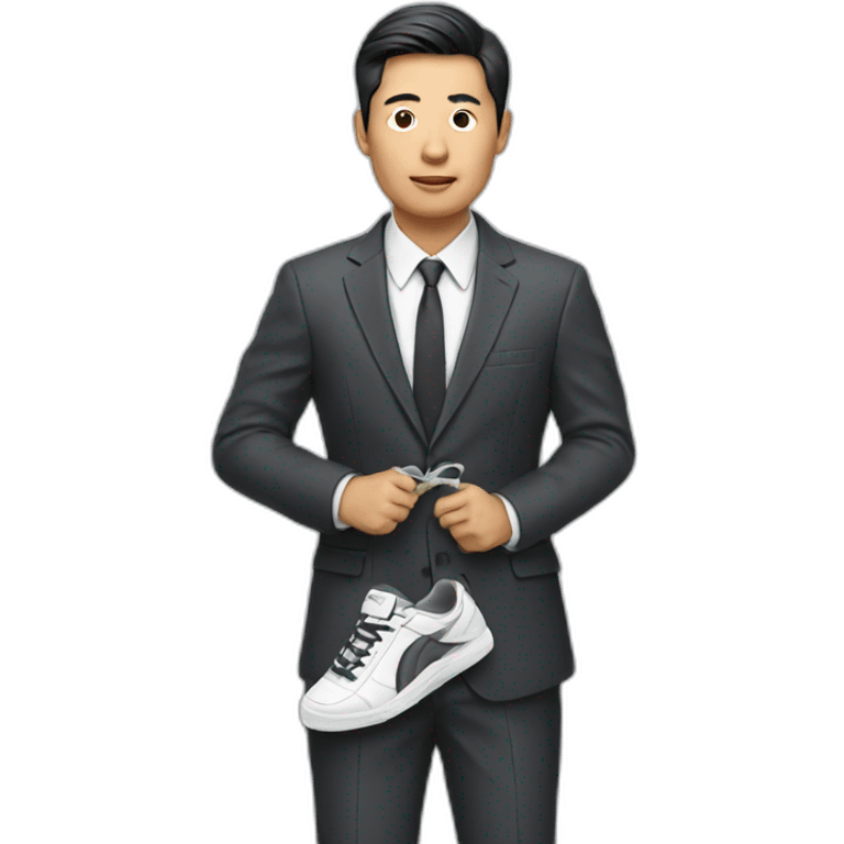 asian man in a suit holding a sneaker emoji