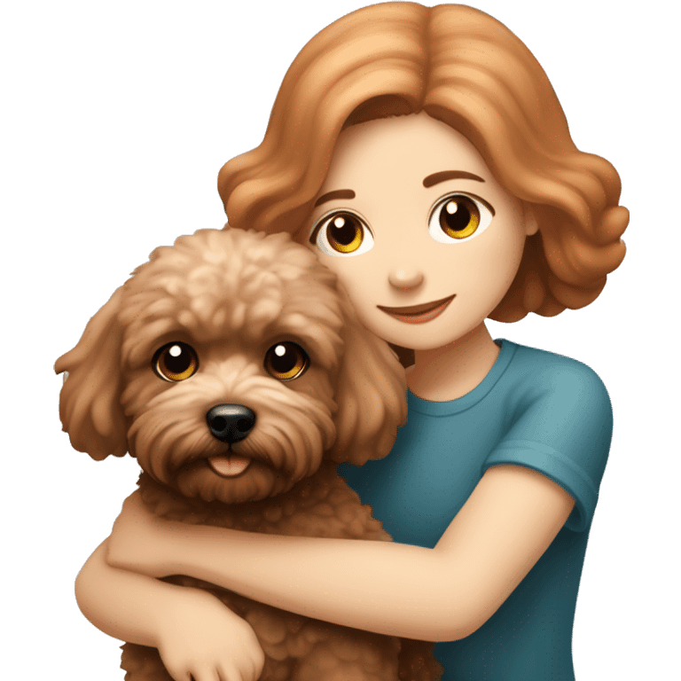 Dark-red-haired girl hugs  her Maltipoo-Black-dog emoji