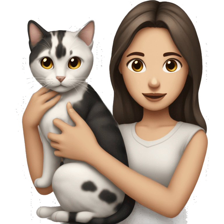 Pale girl with big brown eyes and brown hair holding two cats (a black one and a grey one with tiger marks) emoji