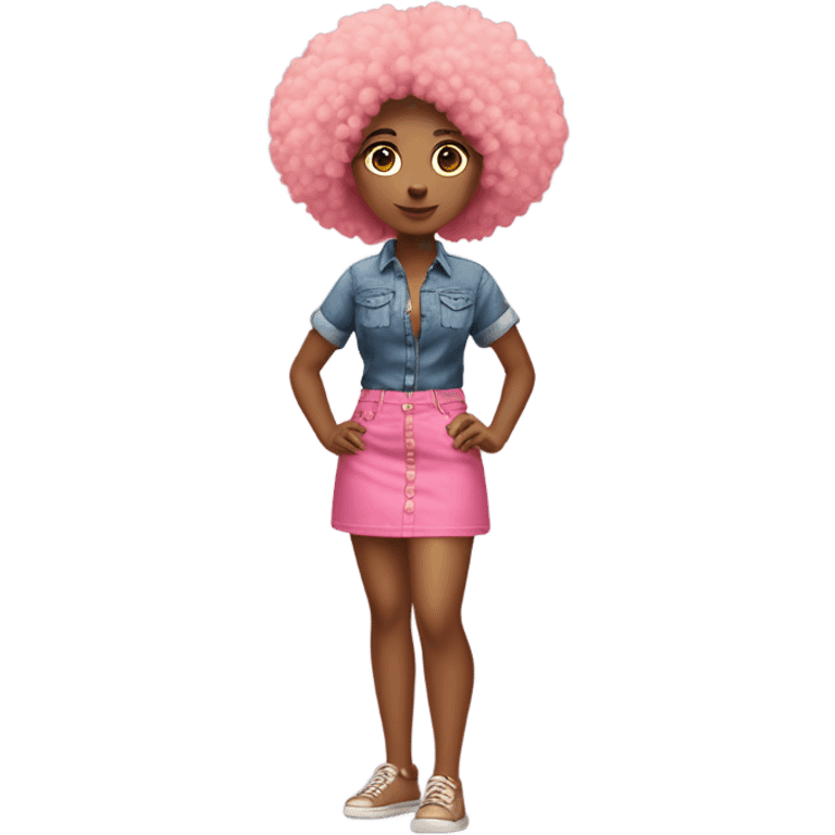 Tan girl with Afro and pink button top and jean skirt full body posing emoji