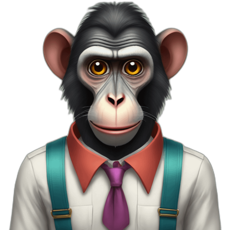 Funny Portrait of a Mandrill with a human-like face wears a shirt and Suspenders in the shirt papillon like a clown emoji