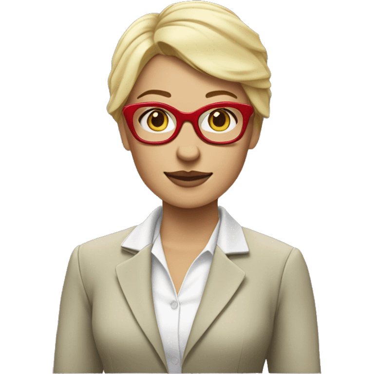 Blonde woman with short hair, greenish eyes, purple square glasses, wearing a white blouse with a red blazer on top.  emoji