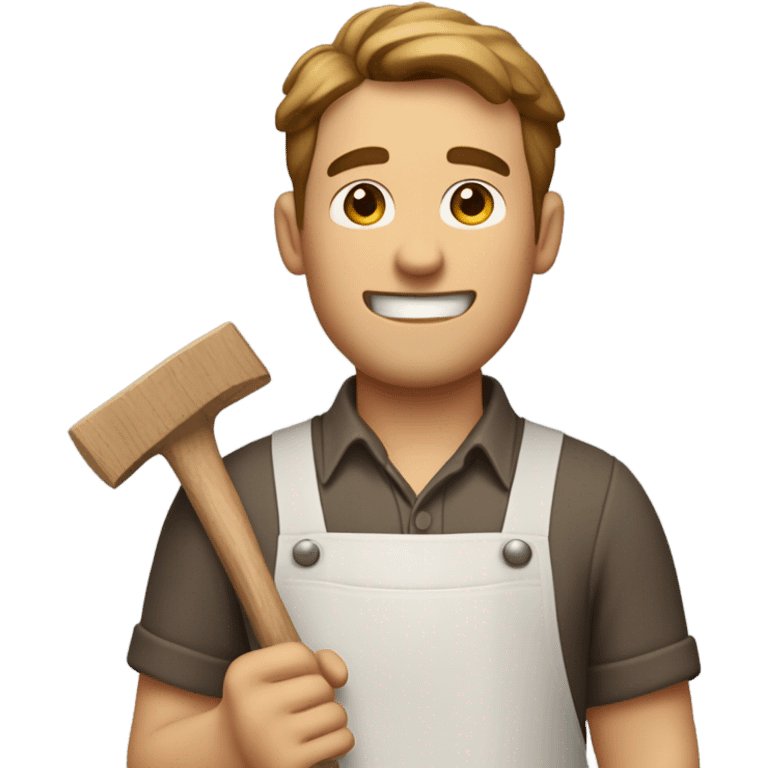 "A sturdy man with rough hands, short light brown hair, and a friendly, naive expression. He wears a work apron over simple clothes and holds a hammer or wood in a rustic workshop." emoji